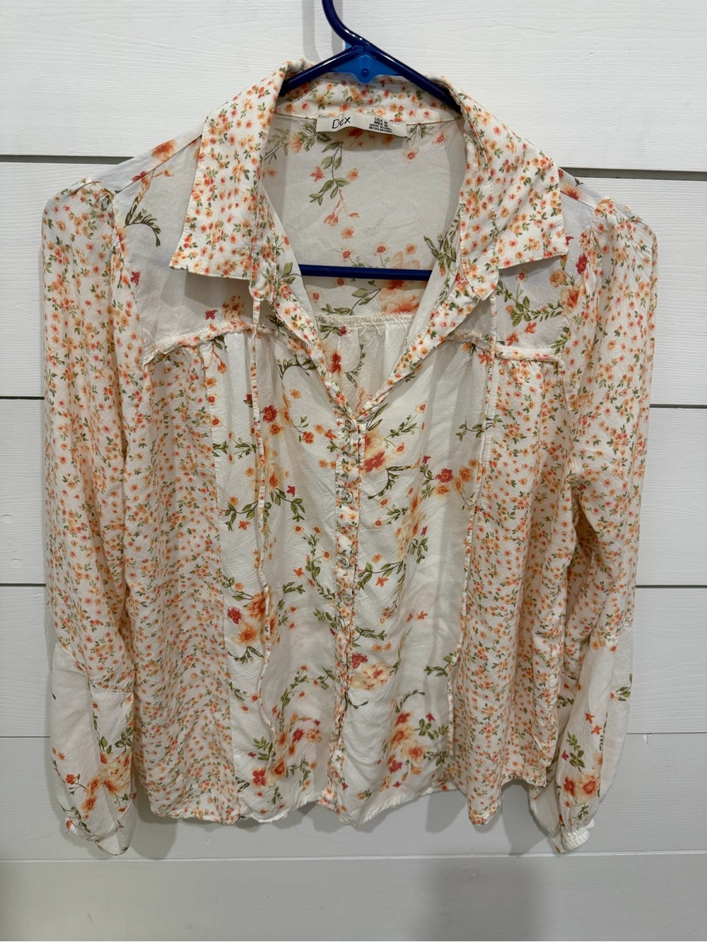 Dex Cream Floral Button-Up Blouse with Peach Accents